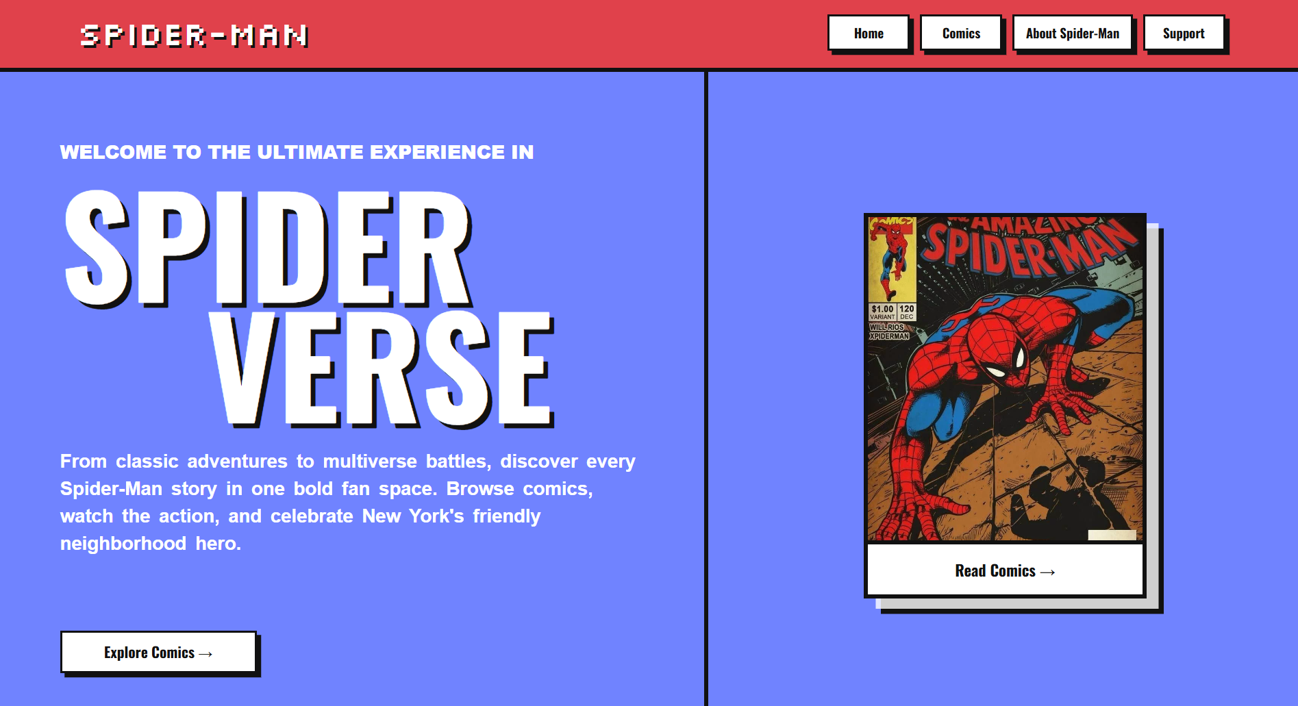 SpiderMan Comic Portfolio website screenshot